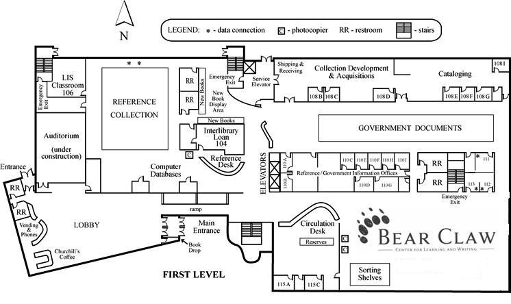 Map of the ground floor of Meyer Library. The Bear CLAW is located up the ramp and past the Circulation Desk.